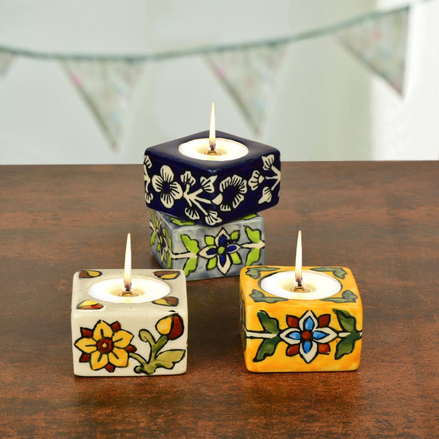 Shrija Hand Painted Ceramic Tea Light Holder for Home Decoration Perfect for Puja & Diwali Multicolour (Pack of 4)